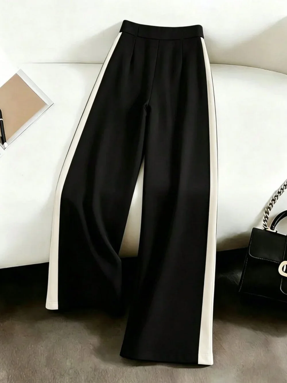 Black Elegant Women's Contrast Piping Elastic Waist Wide Leg Pants_2